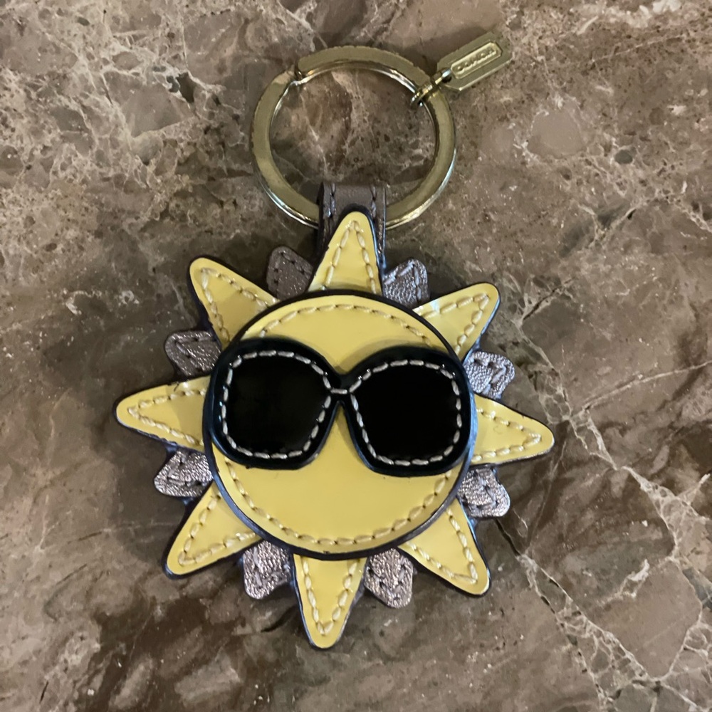 COACH HTF Patent Leather Yellow and Black Sun With Sunglasses Keychain Bag Charm